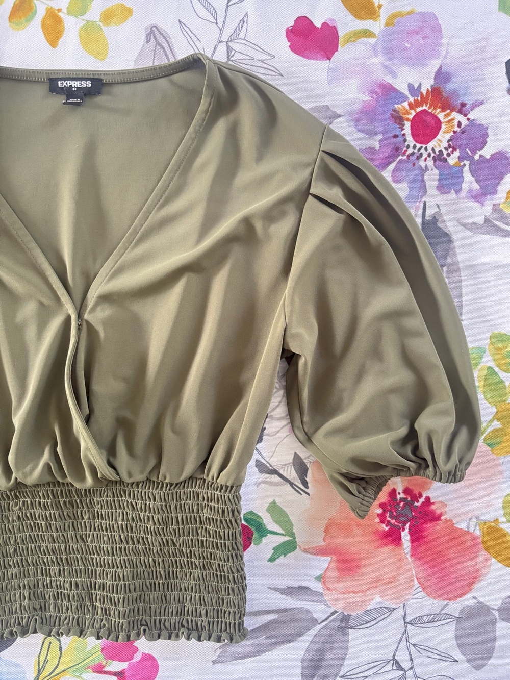 Express - Olive Green V-Neck Puff Sleeve Smocked Waist Top